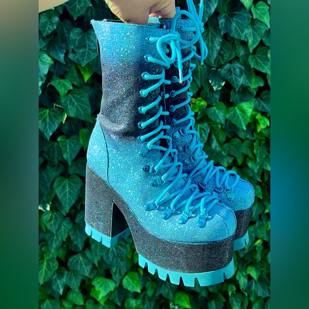 Lucid Dreams of Glitter Dollskill Blue Black Glitter Chunky Traitor Boots